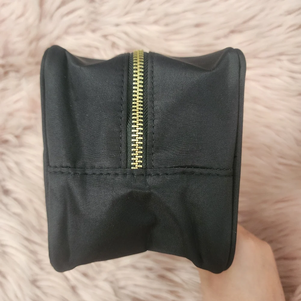 Milani makeup bag travel pouch black nylon gold embroidered